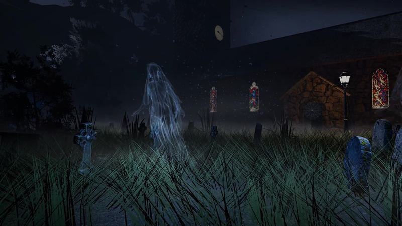 A pale ghost drifting through the foggy churchyard